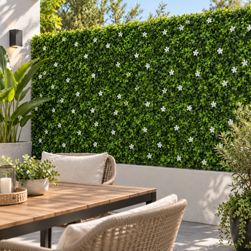 Green Wall Hedge with Green Leaf Foliage and Small White Flowers (Pack of 4) 50cm x 50cm - A1268