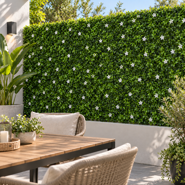 Green Wall Hedge with Green Leaf Foliage and Small White Flowers (Pack of 4) 50cm x 50cm - A1268
