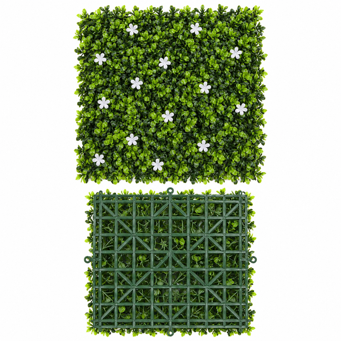 Green Wall Hedge with Green Leaf Foliage and Small White Flowers (Pack of 4) 50cm x 50cm - A1268