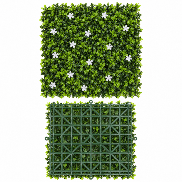 Green Wall Hedge with Green Leaf Foliage and Small White Flowers (Pack of 4) 50cm x 50cm - A1268