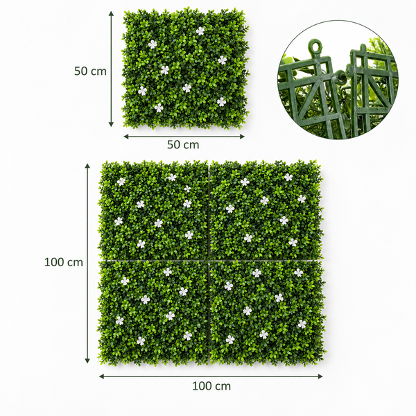 Green Wall Hedge with Green Leaf Foliage and Small White Flowers (Pack of 4) 50cm x 50cm - A1268