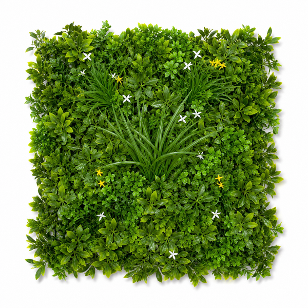 Premium Green Wall Hedge with Mixed Leaf Foliage & Yellow White Flowers (Pack of 4) 50cm x 50cm - A1269