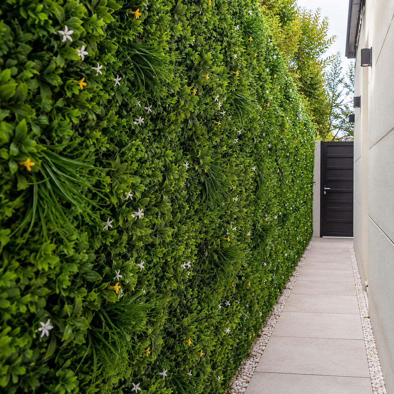 Premium Green Wall Hedge with Mixed Leaf Foliage & Yellow White Flowers (Pack of 4) 50cm x 50cm - A1269