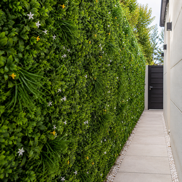 Premium Green Wall Hedge with Mixed Leaf Foliage & Yellow White Flowers (Pack of 4) 50cm x 50cm - A1269