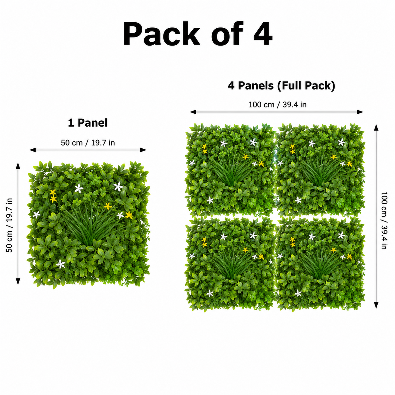 Premium Green Wall Hedge with Mixed Leaf Foliage & Yellow White Flowers (Pack of 4) 50cm x 50cm - A1269