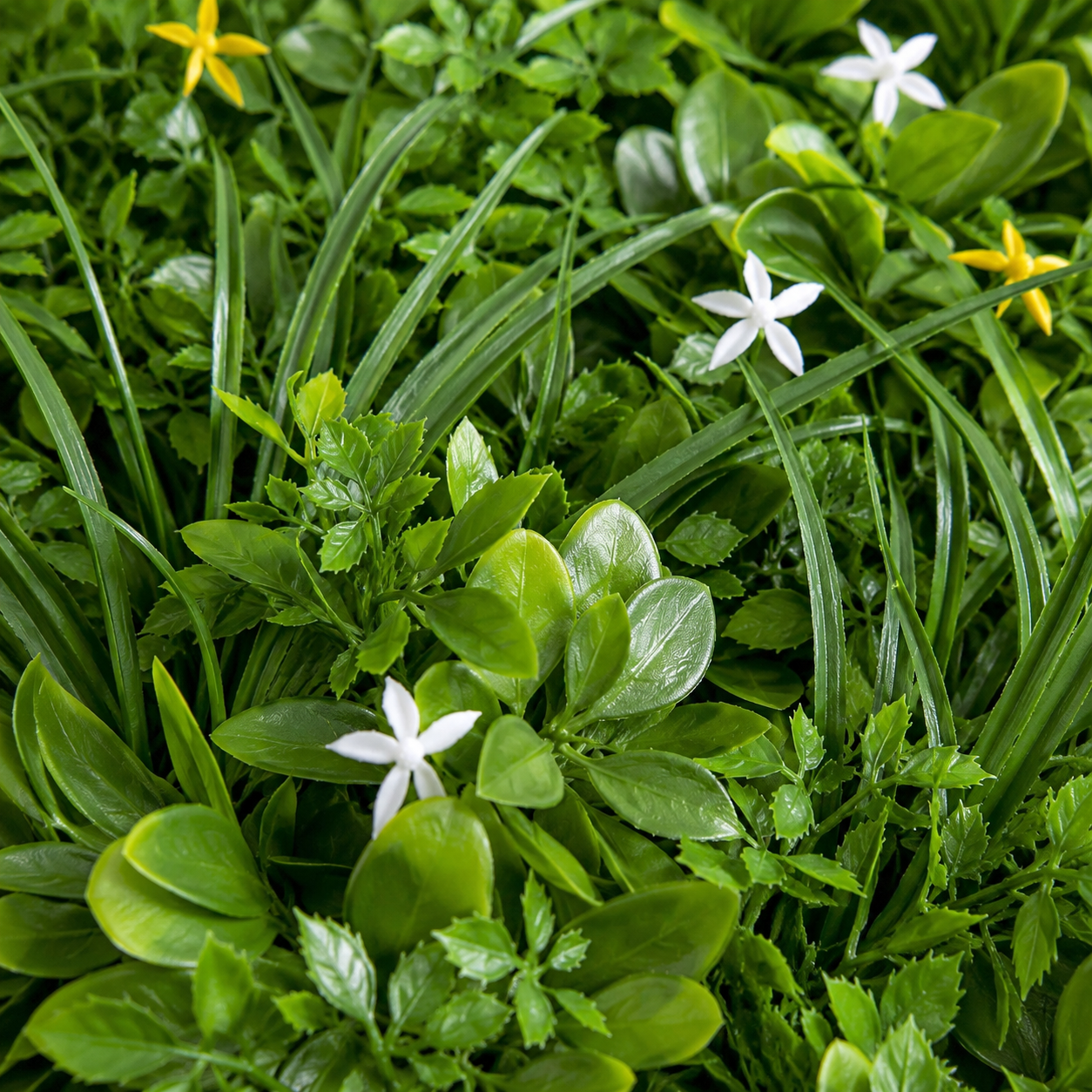 Premium Green Wall Hedge with Mixed Leaf Foliage & Yellow White Flowers (Pack of 4) 50cm x 50cm - A1269