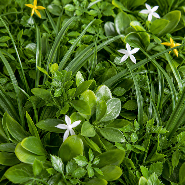 Premium Green Wall Hedge with Mixed Leaf Foliage & Yellow White Flowers (Pack of 4) 50cm x 50cm - A1269