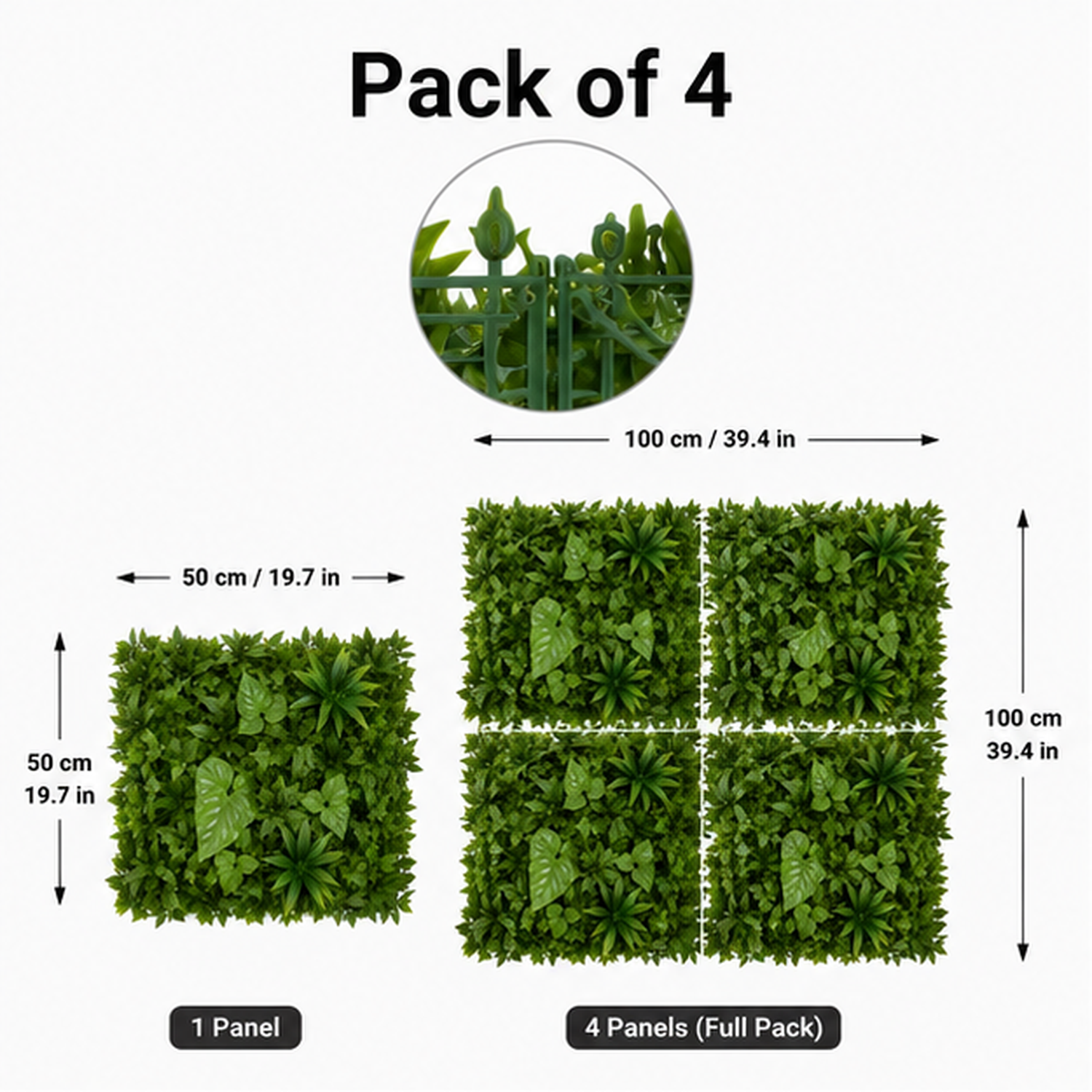 Green Wall Hedge with Dark Leaf Foliage Flowers (Pack of 4) 50cm x 50cm - A1270