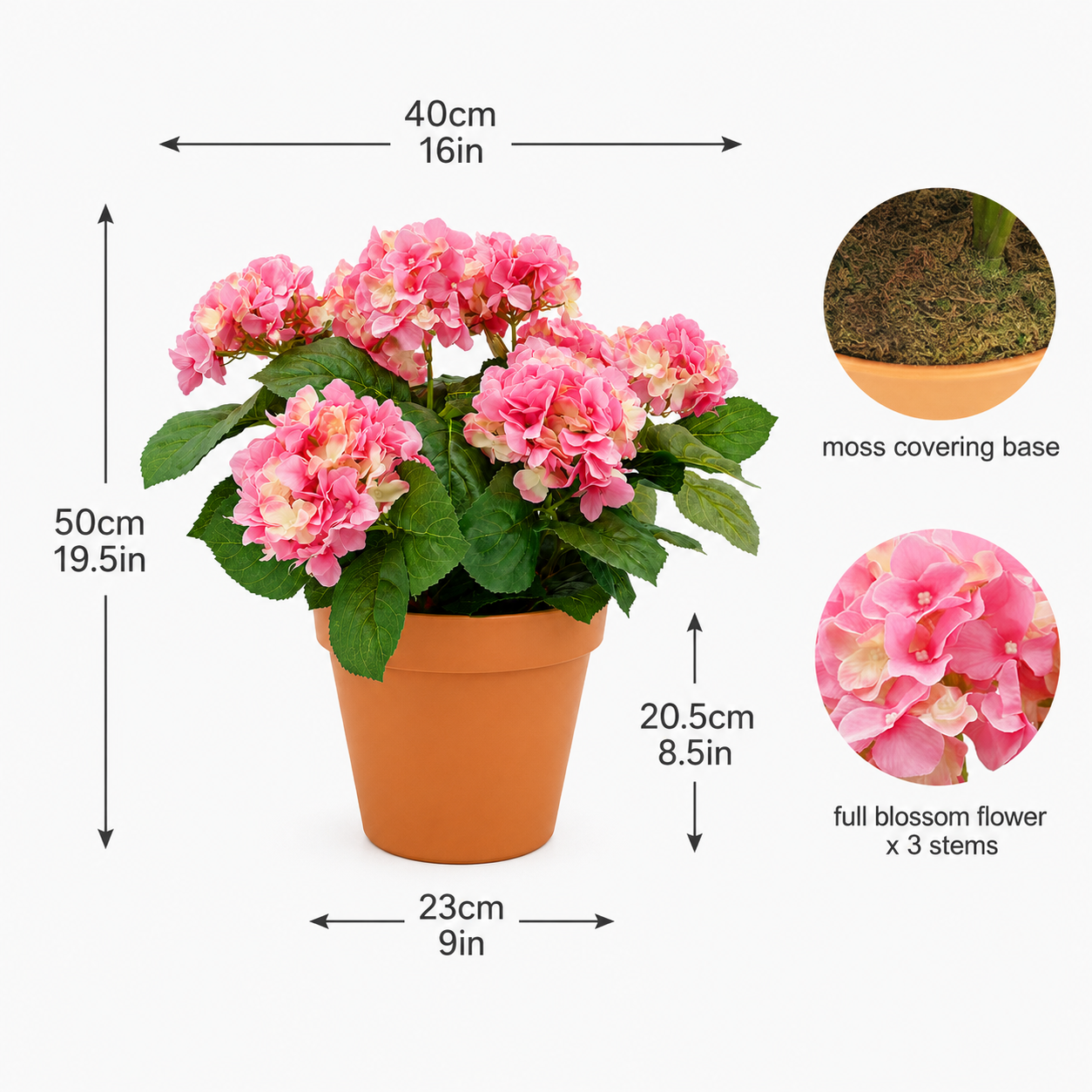 Pink Hydrangea in Terracotta Pot 50cm/20in - A1308