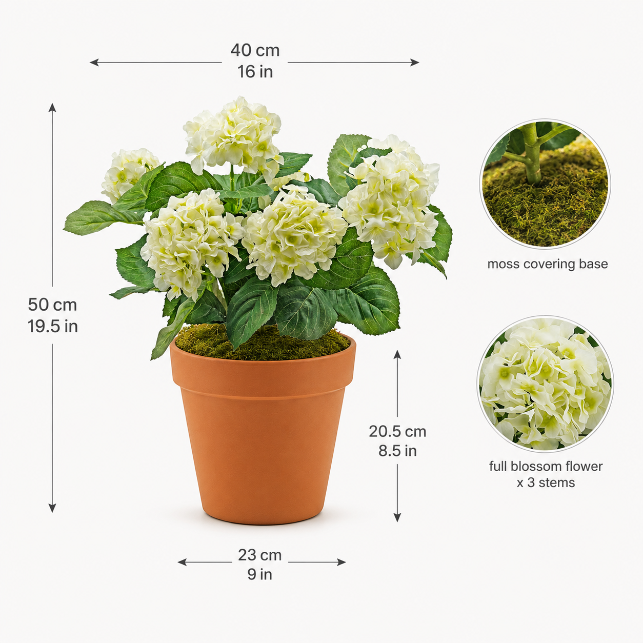 White Hydrangea in Terracotta Pot 50cm/20in - A1309