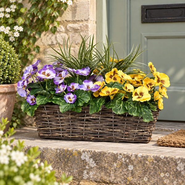 Purple & Yellow Pansy Rattan Window Box 58cm/23in - A1310