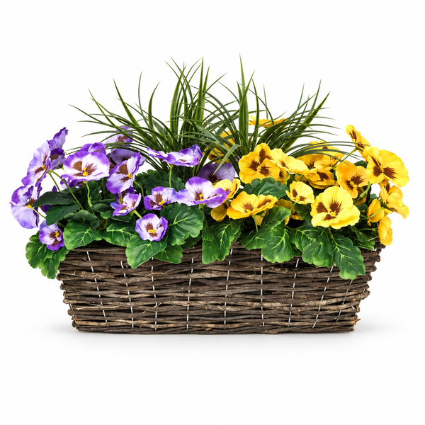 Purple & Yellow Pansy Rattan Window Box 58cm/23in - A1310