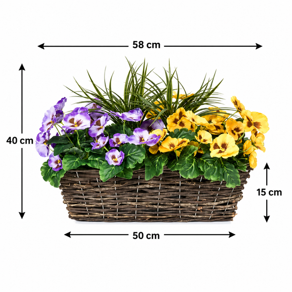 Purple & Yellow Pansy Rattan Window Box 58cm/23in - A1310