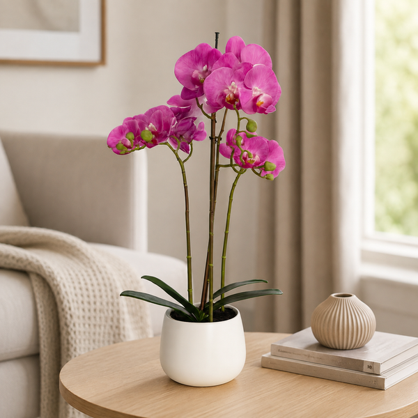 Elegant Real Touch Large Triple Stem Pink Potted Orchid in Round White Ceramic Pot (65cm) - A1317