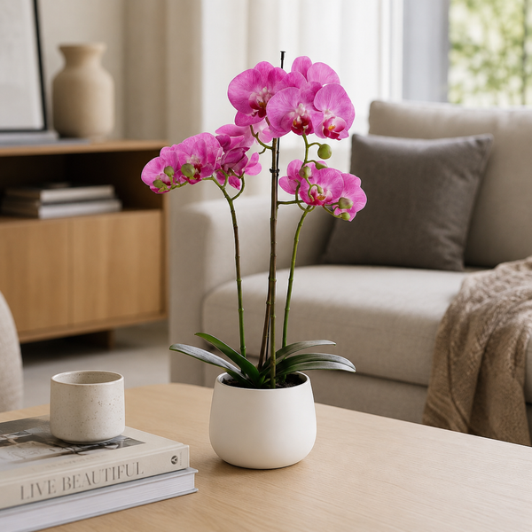 Elegant Real Touch Large Triple Stem Pink Potted Orchid in Round White Ceramic Pot (65cm) - A1317
