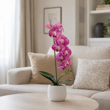 Elegant Real Touch Large Single Stem Pink Potted Orchid in Round White Ceramic Pot (65cm) - A1318