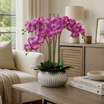 Elegant Real Touch Large Six Stem Butterfly Pink Potted Orchid in Decorative Silver Ceramic Pot (65cm)- A1319