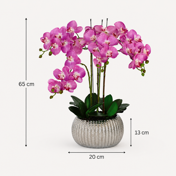 Elegant Real Touch Large Six Stem Butterfly Pink Potted Orchid in Decorative Silver Ceramic Pot (65cm)- A1319