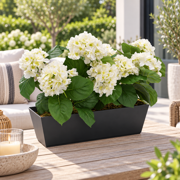 White Hydrangea in Black Metal Window Box - A1321