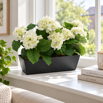 White Hydrangea in Black Metal Window Box - A1321