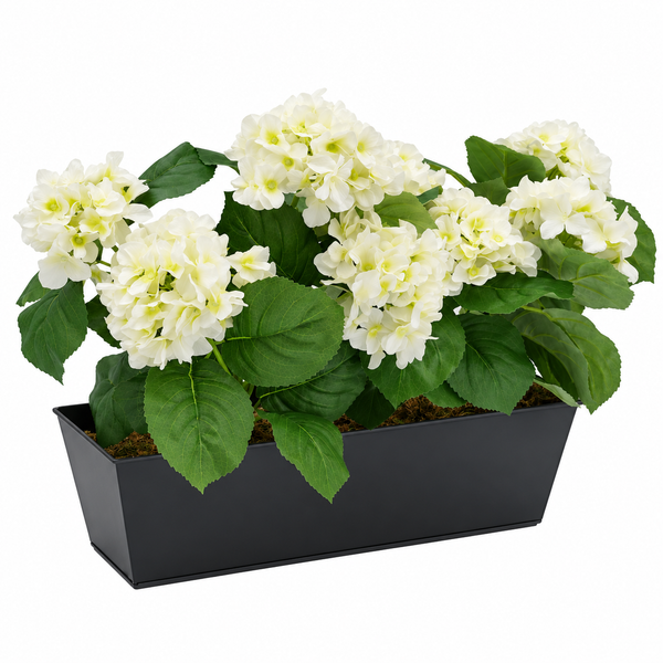 White Hydrangea in Black Metal Window Box - A1321