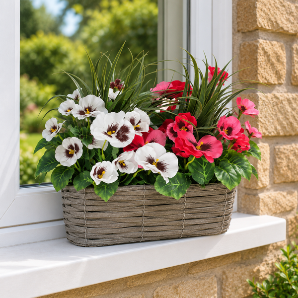 Pink & White Pansies in Grey Rattan Window Box 40cm - A1327