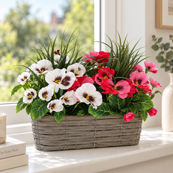 Pink & White Pansies in Grey Rattan Window Box 40cm - A1327