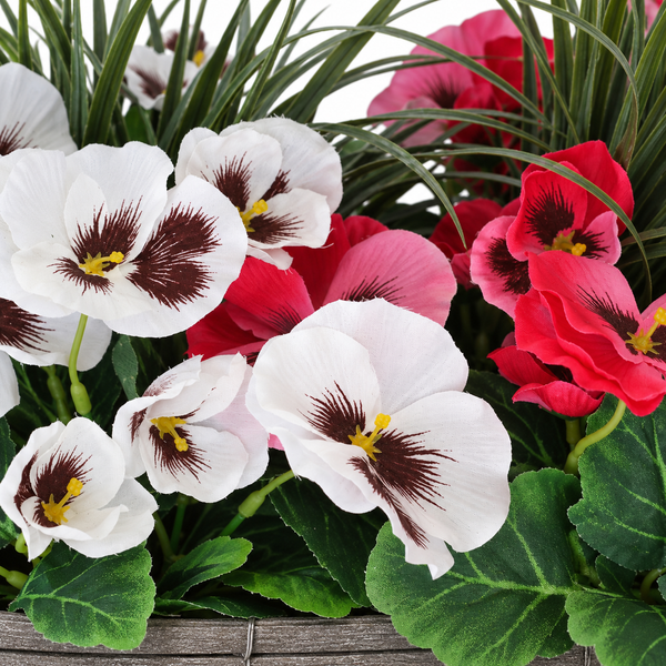 Pink & White Pansies in Grey Rattan Window Box 40cm - A1327