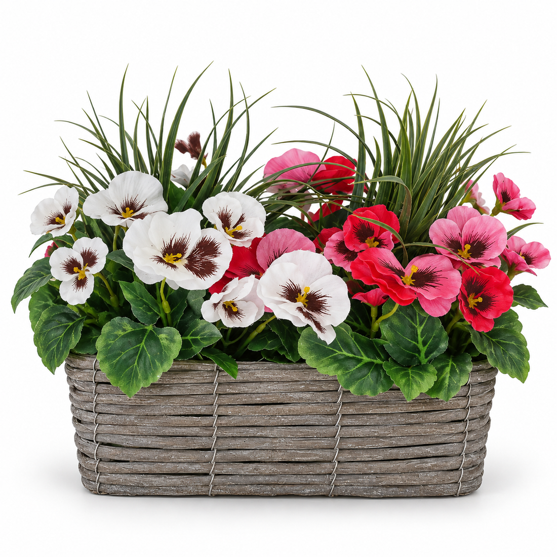 Pink & White Pansies in Grey Rattan Window Box 40cm - A1327