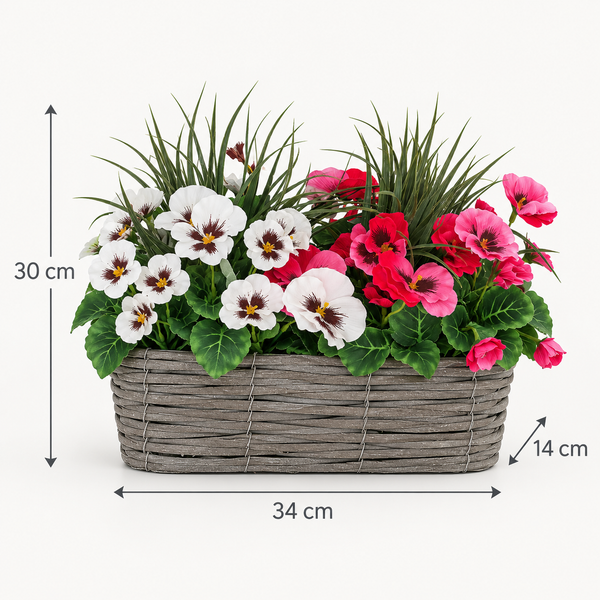 Pink & White Pansies in Grey Rattan Window Box 40cm - A1327