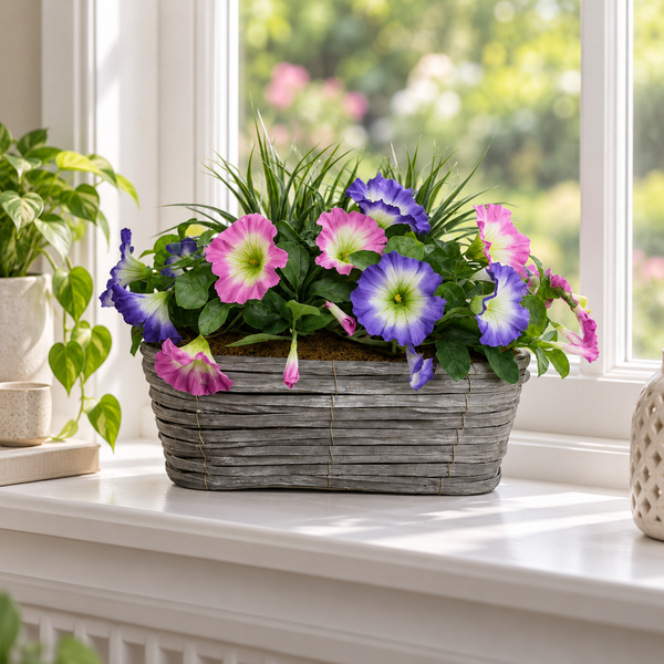 Pink & Purple Petunia in Grey Willow Basket 40cm - A1328