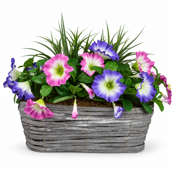 Pink & Purple Petunia in Grey Willow Basket 40cm - A1328