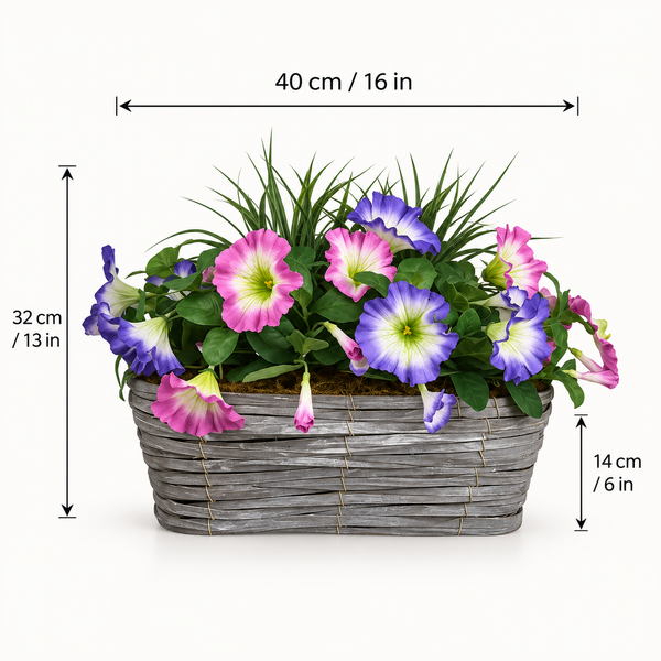 Pink & Purple Petunia in Grey Willow Basket 40cm - A1328