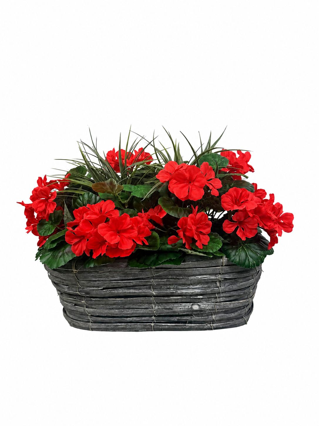 Red Geranium Flowers & Lemon Grass in Rounded 40cm Rectangle Grey Wash Willow Basket - Faux Silk - A1329
