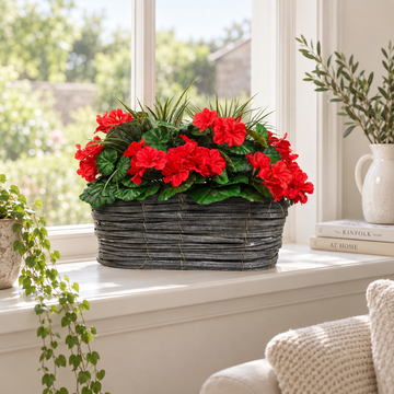 Red Geranium Flowers & Lemon Grass in Grey Willow Basket 40cm - A1329