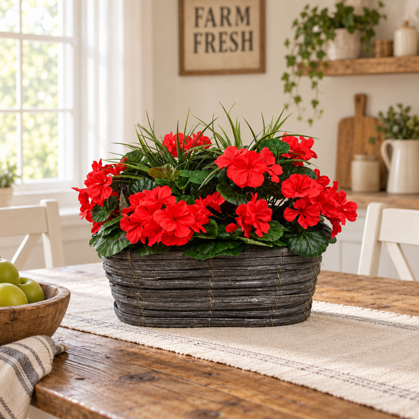 Red Geranium Flowers & Lemon Grass in Grey Willow Basket 40cm - A1329