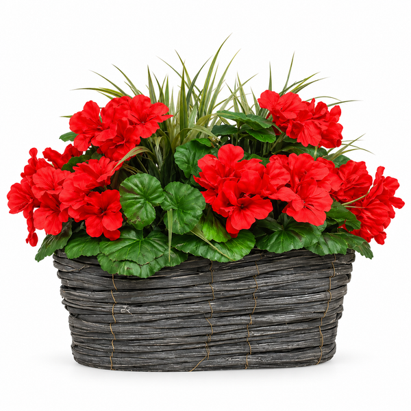 Red Geranium Flowers & Lemon Grass in Grey Willow Basket 40cm - A1329