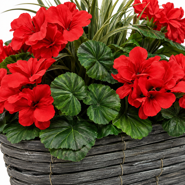 Red Geranium Flowers & Lemon Grass in Grey Willow Basket 40cm - A1329