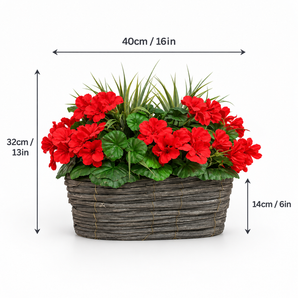 Red Geranium Flowers & Lemon Grass in Grey Willow Basket 40cm - A1329