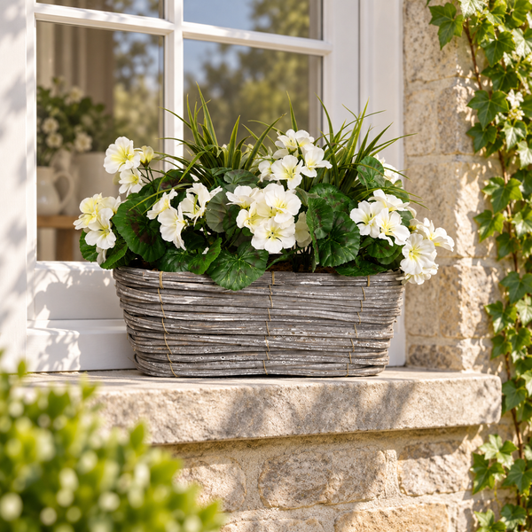 White Geranium Flowers in Grey Willow Basket 40cm - A1330
