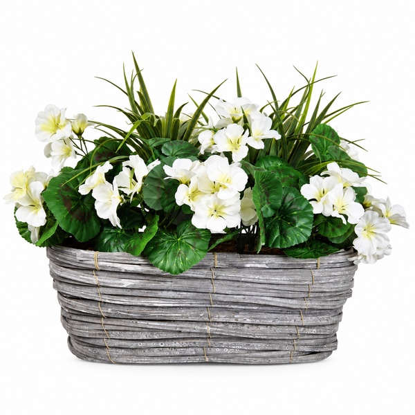 White Geranium Flowers in Grey Willow Basket 40cm - A1330