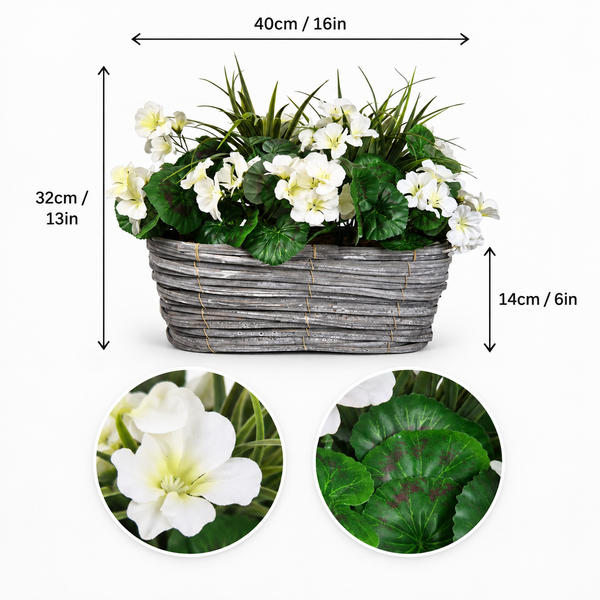White Geranium Flowers in Grey Willow Basket 40cm - A1330