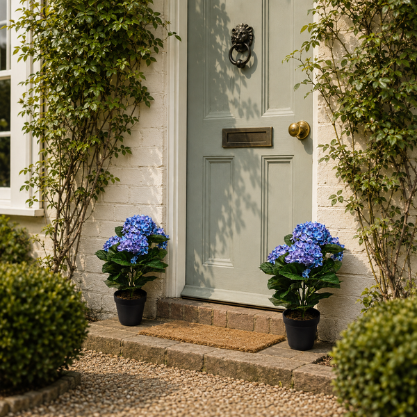 Blue Hydrangea Bush in Black Plastic Pot (Set of 2) 42cm - UV Protected, Faux Silk - A1339