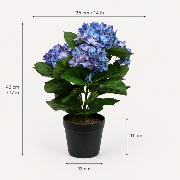 Blue Hydrangea Bush in Black Plastic Pot (Set of 2) 42cm - UV Protected, Faux Silk - A1339