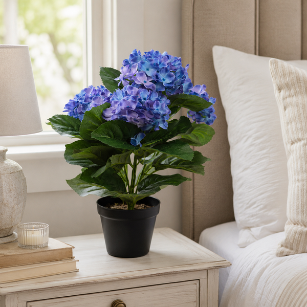 Blue Hydrangea Bush in Black Plastic Pot (Set of 2) 42cm - UV Protected, Faux Silk - A1339