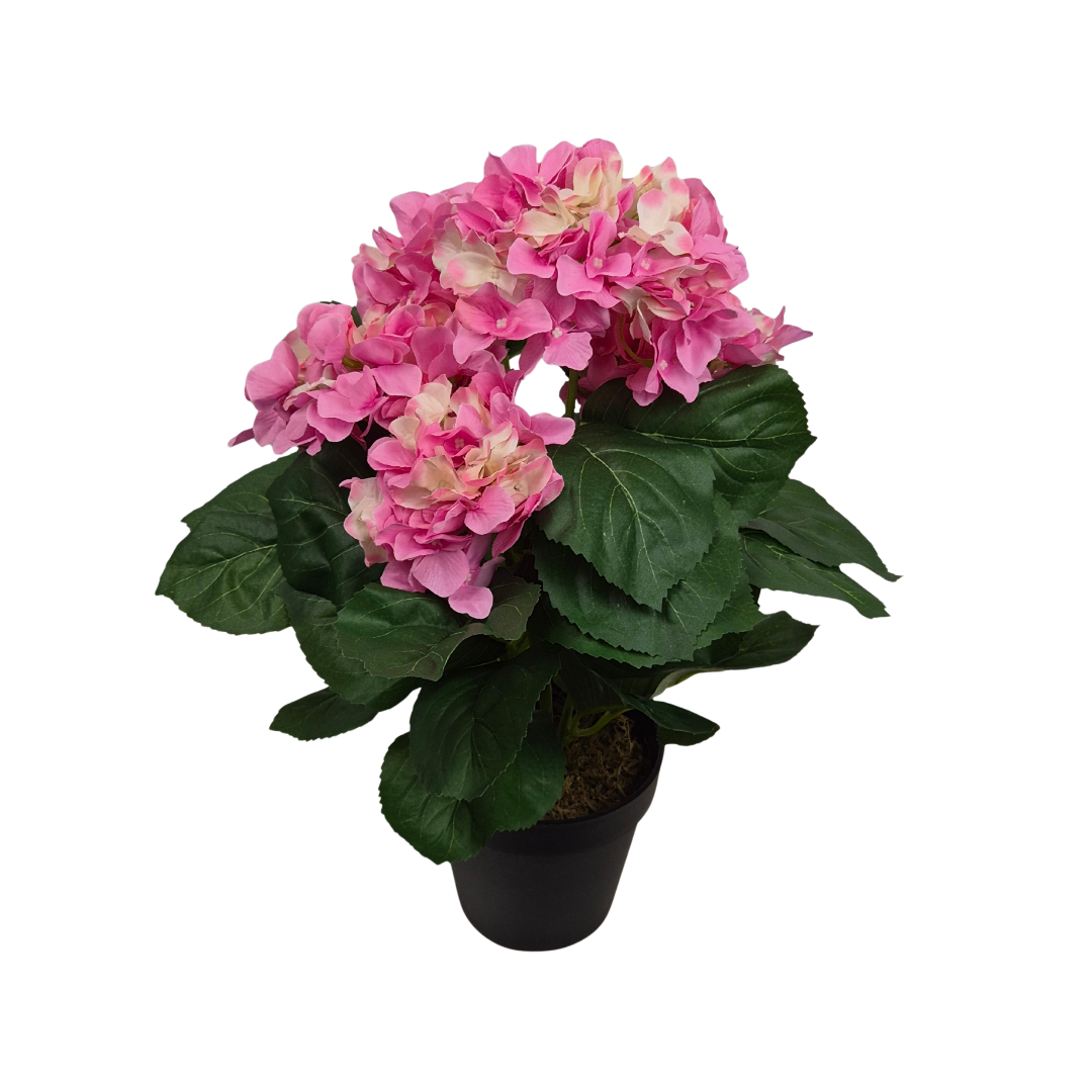 Artificial Pink Hydrangea Bush in Black Plastic Pot (Set of 2) 42cm - UV Protected, Faux Silk - A1340