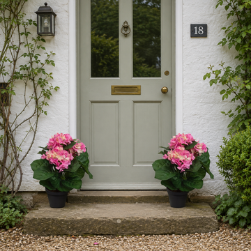 Pink Hydrangea Bush in Black Plastic Pot (Set of 2) 42cm - UV Protected, Faux Silk - A1340