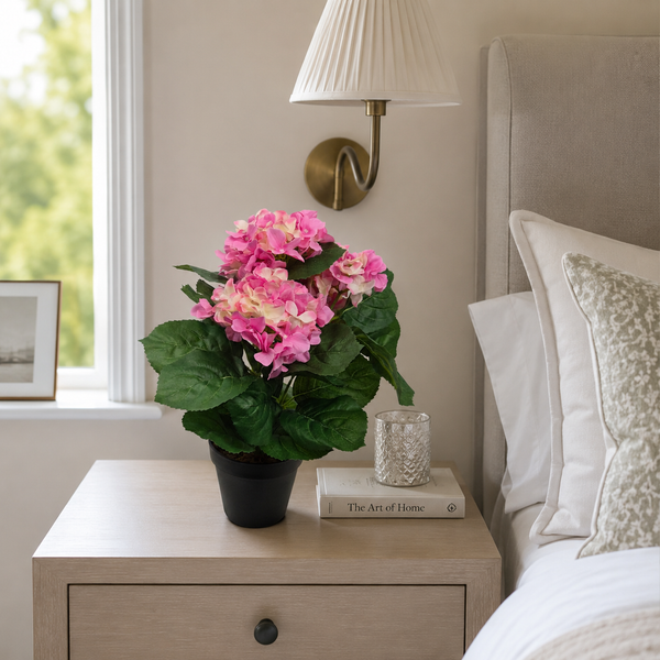 Pink Hydrangea Bush in Black Plastic Pot (Set of 2) 42cm - UV Protected, Faux Silk - A1340