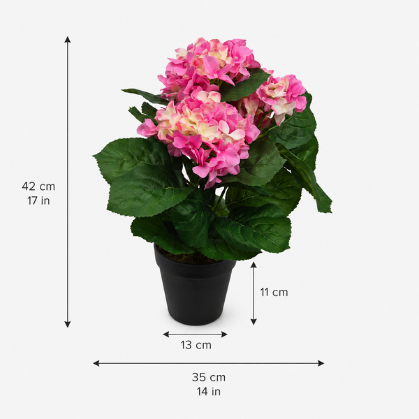 Pink Hydrangea Bush in Black Plastic Pot (Set of 2) 42cm - UV Protected, Faux Silk - A1340