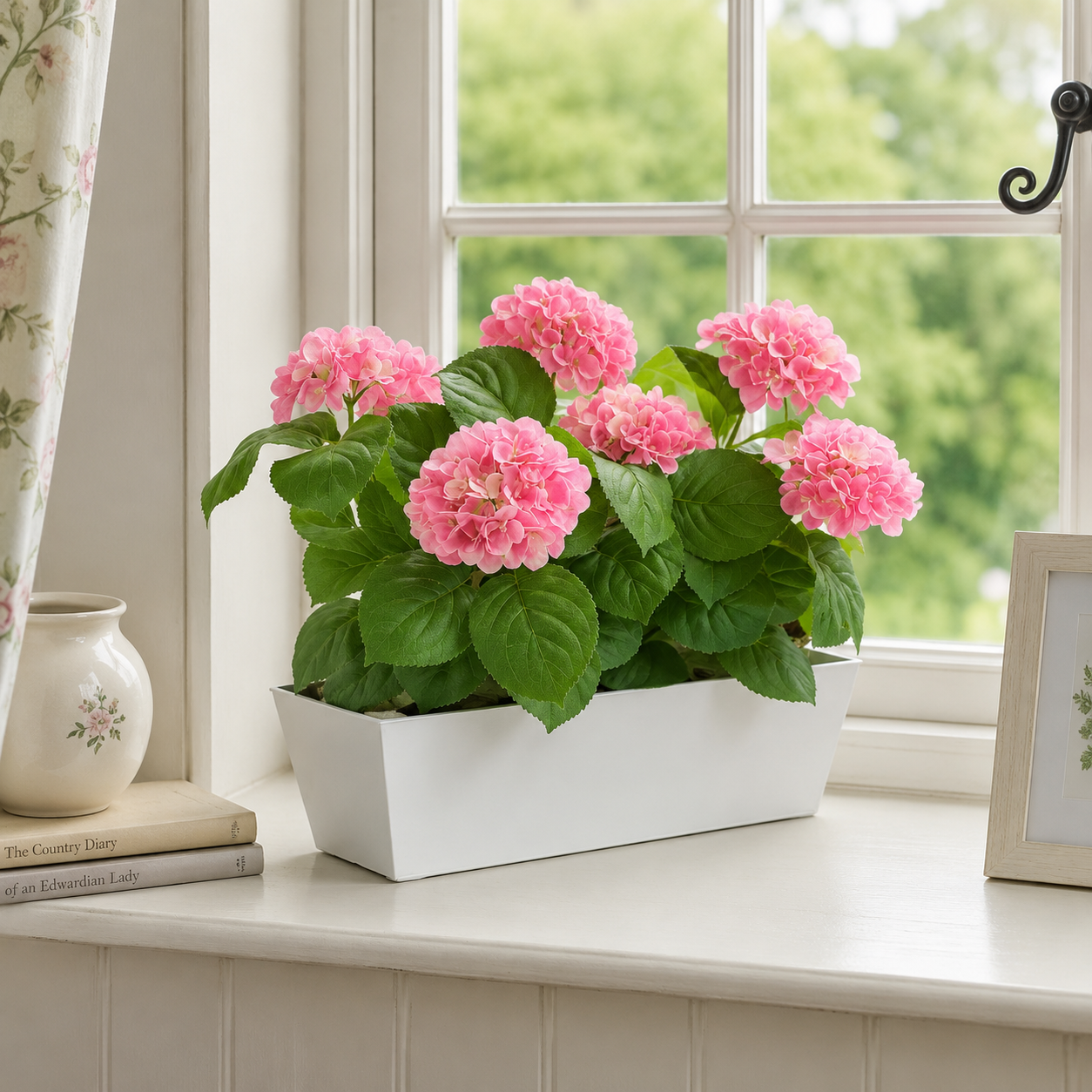 Pink Hydrangea in White Metal Window Box - A1384